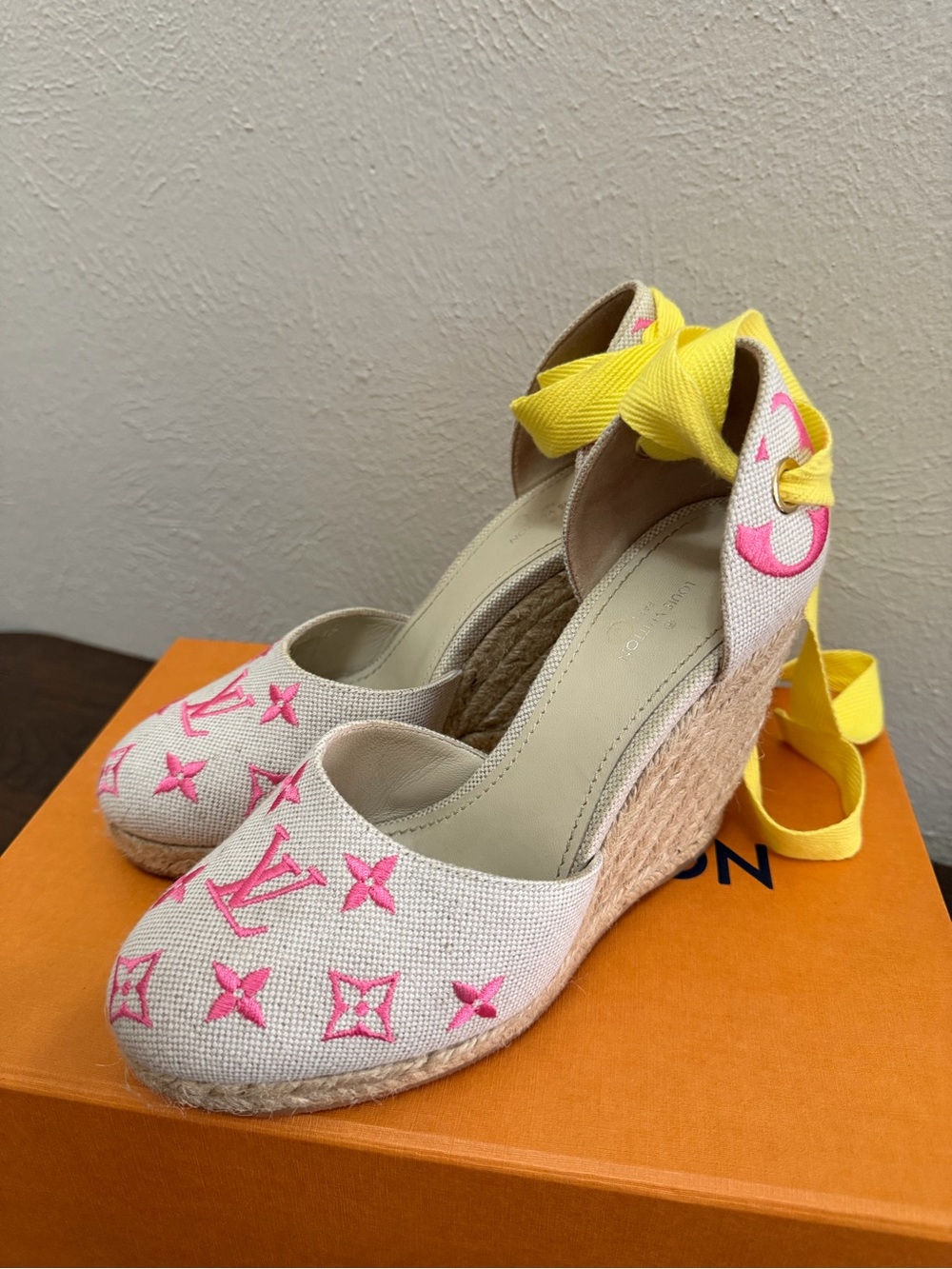 Louis Vuitton Pink Embroidered Canvas Espadrille Wedges with Yellow Ribbon